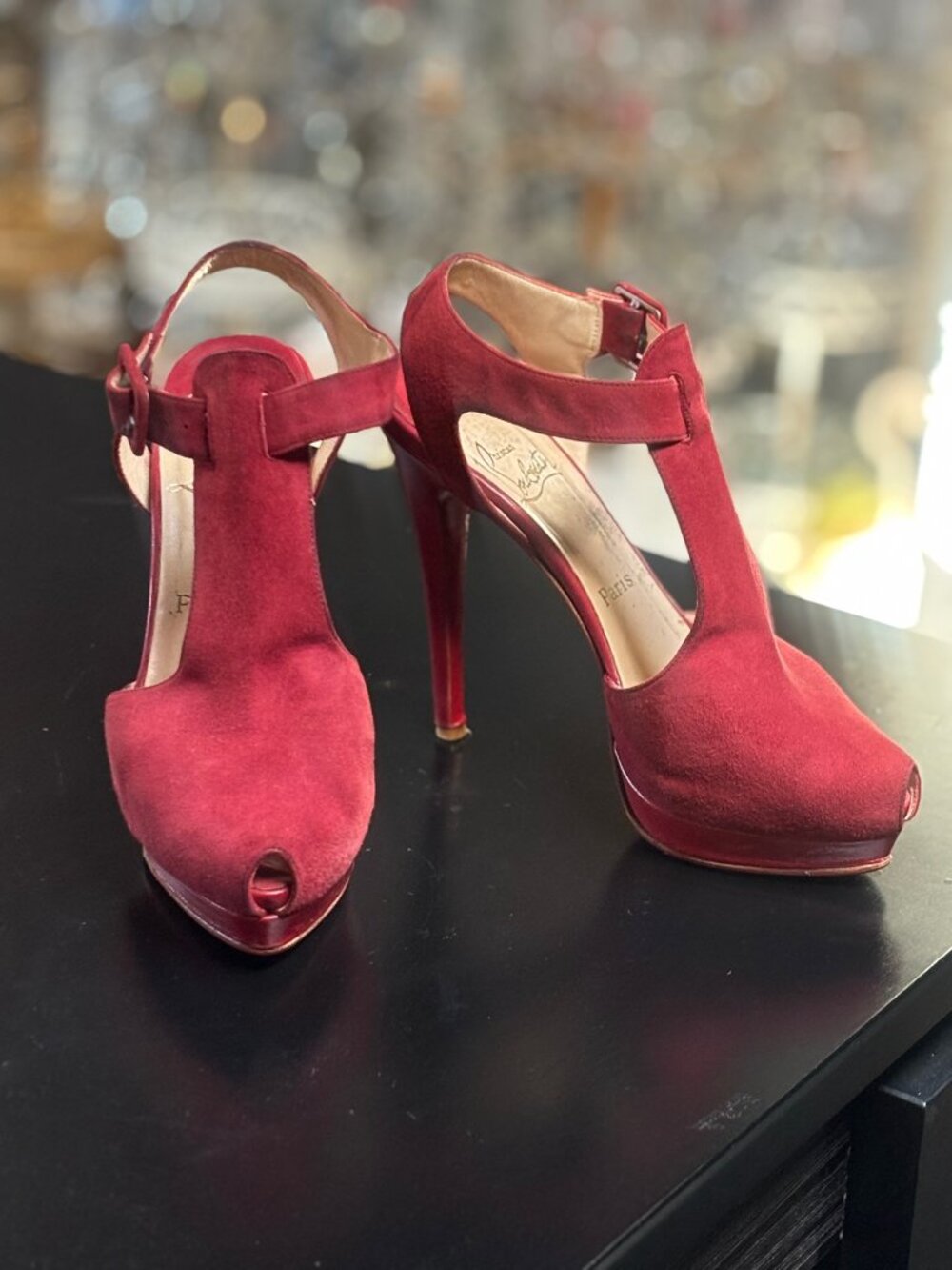 Christian Louboutin Dark Red Suede T-Strap Platform Pumps | Size 39 |